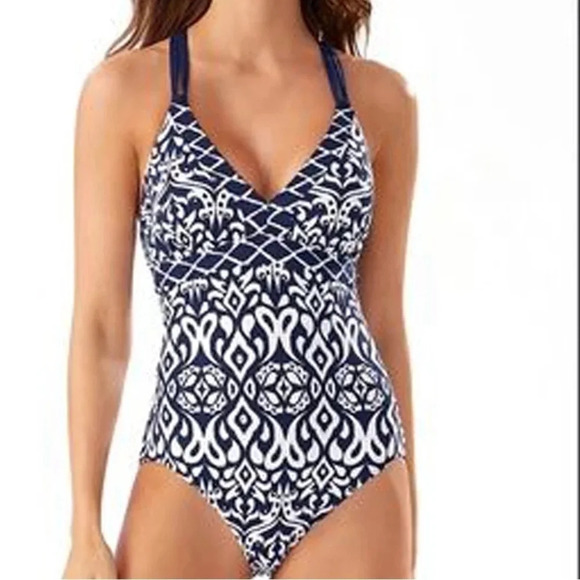 Tommy Bahama Ikat Diamonds UPF 50 Reversible One Piece Mare Navy - Picture 1 of 12